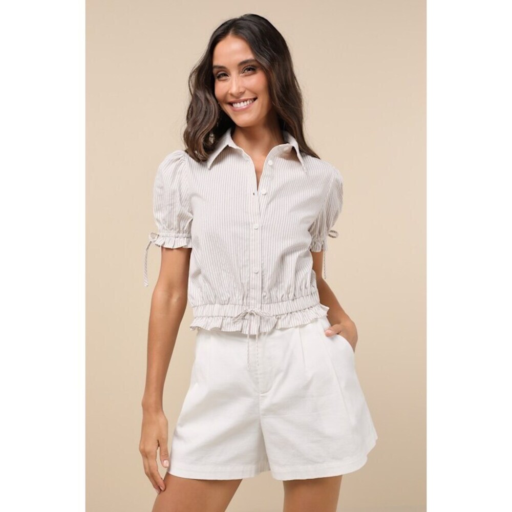 Lulus Poised Approach Ivory And Brown Striped Puff Sleeve Collared Top White